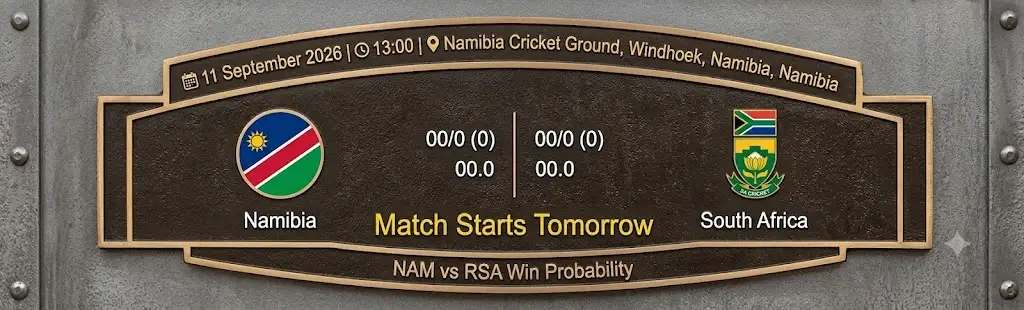 A metallic match scorecard graphic for the Namibia vs South Africa cricket match scheduled for September 11, 2026, at the Namibia Cricket Ground, featuring team logos and placeholder score details.