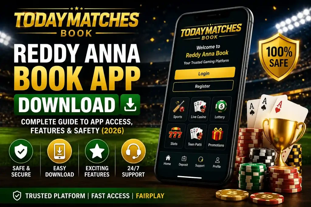 Current image: Reddy Anna Book app download banner with TodayMatches Book branding, smartphone app interface, sports and gaming icons, safety badge, and 2026 access guide.