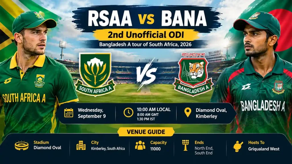 RSAA vs BANA 2nd Unofficial ODI 2026 at Diamond Oval, Kimberley – South Africa A vs Bangladesh A cricket match, todaymatch.