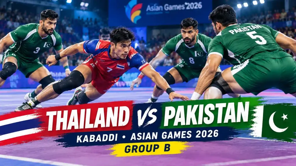 Current image: Thailand vs Pakistan Kabaddi match at Asian Games 2026, featuring a Thai raider challenged by Pakistani defenders in the Group B match.